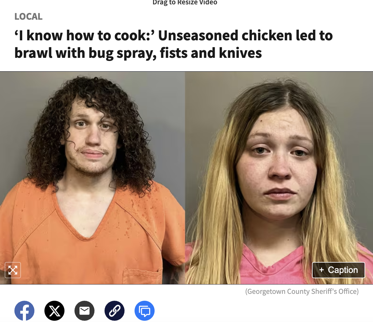 Chicken - Local Drag to Resize Video 'I know how to cook' Unseasoned chicken led to brawl with bug spray, fists and knives fx Caption Georgetown County Sheriff's Office